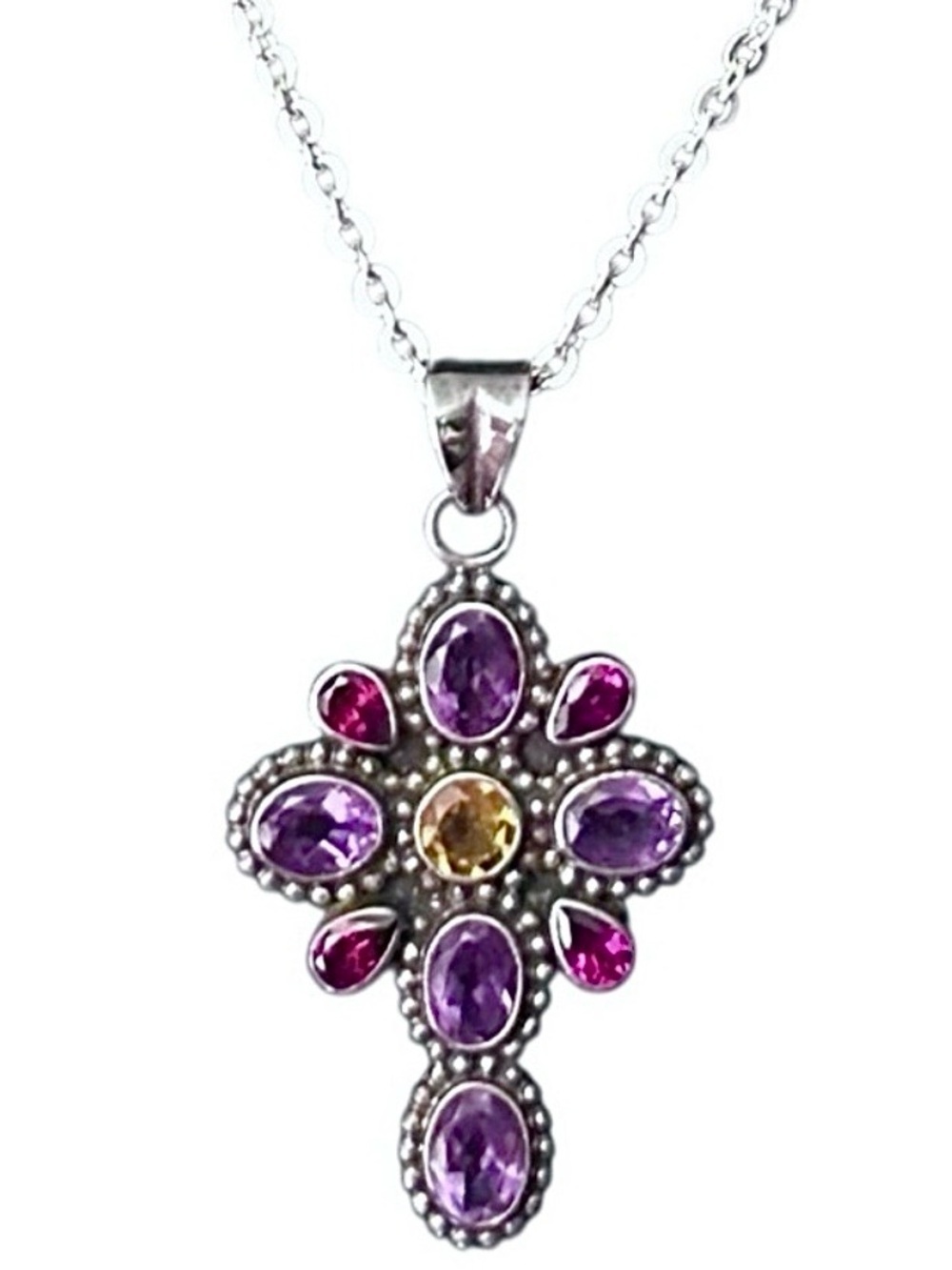 Nicky Butler Amethyst 925 Silver Cross Jewel Pendant & 925 Silver Chain